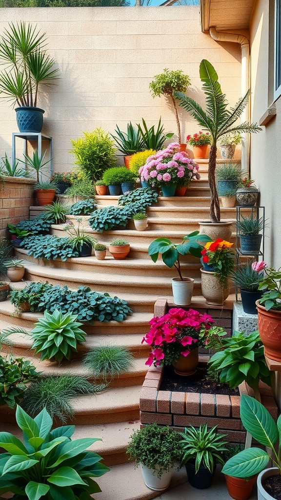 A terraced garden design with steps leading up, filled with various colorful plants and flowers in pots.