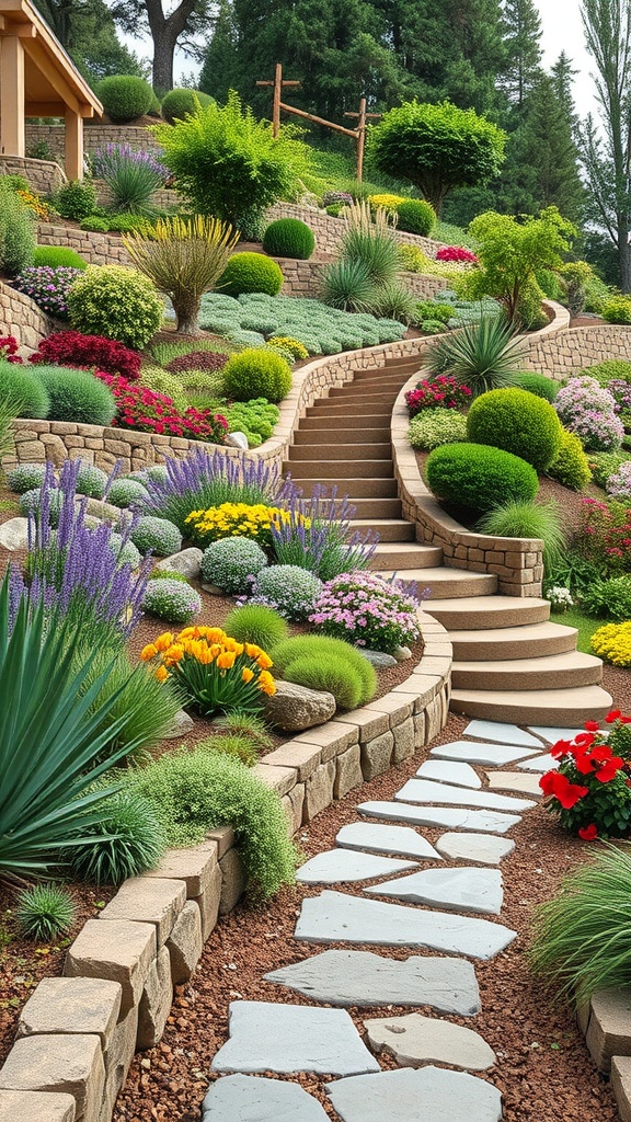 A terraced garden with native plants, featuring colorful flowers, stone pathways, and layered landscaping.