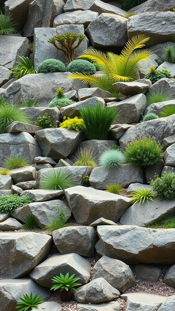 A terraced rock garden featuring large stones and a variety of plants, showcasing a layered landscape design.