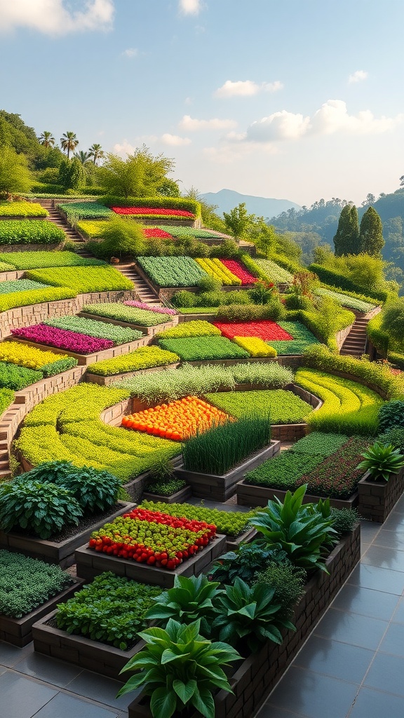 A terraced vegetable garden with colorful rows of plants on a hillside