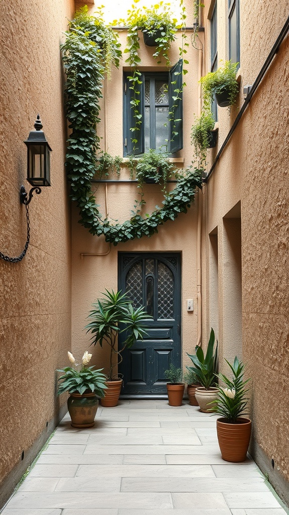 Narrow courtyard with textured walls, plants in pots, and a decorative door