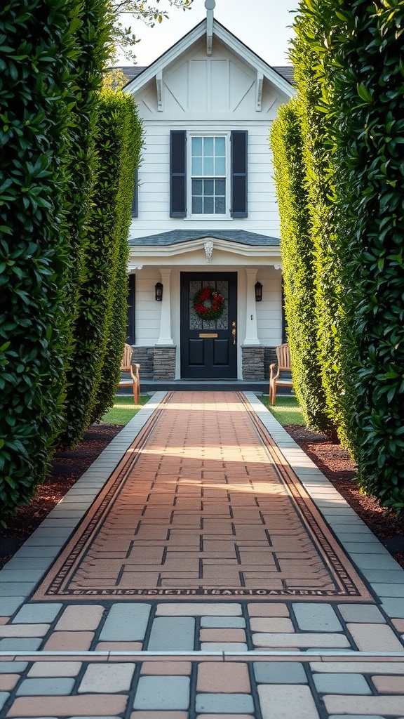 A charming walkway framed by tall boxwood hedges leading to a house