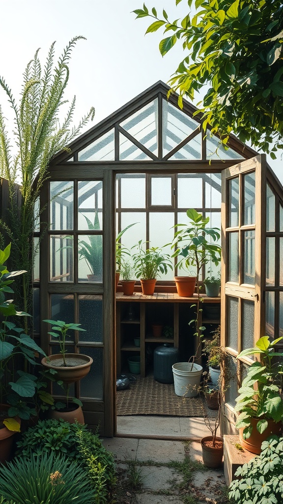 A shed transformed into a greenhouse with plants and a wooden table inside.