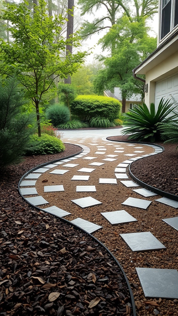 A beautifully landscaped driveway featuring a winding pathway of stepping stones bordered by mulch and lush greenery.