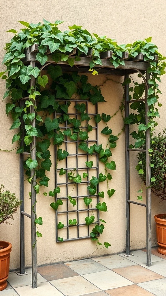 Wooden trellis with climbing green plants in a patio setting