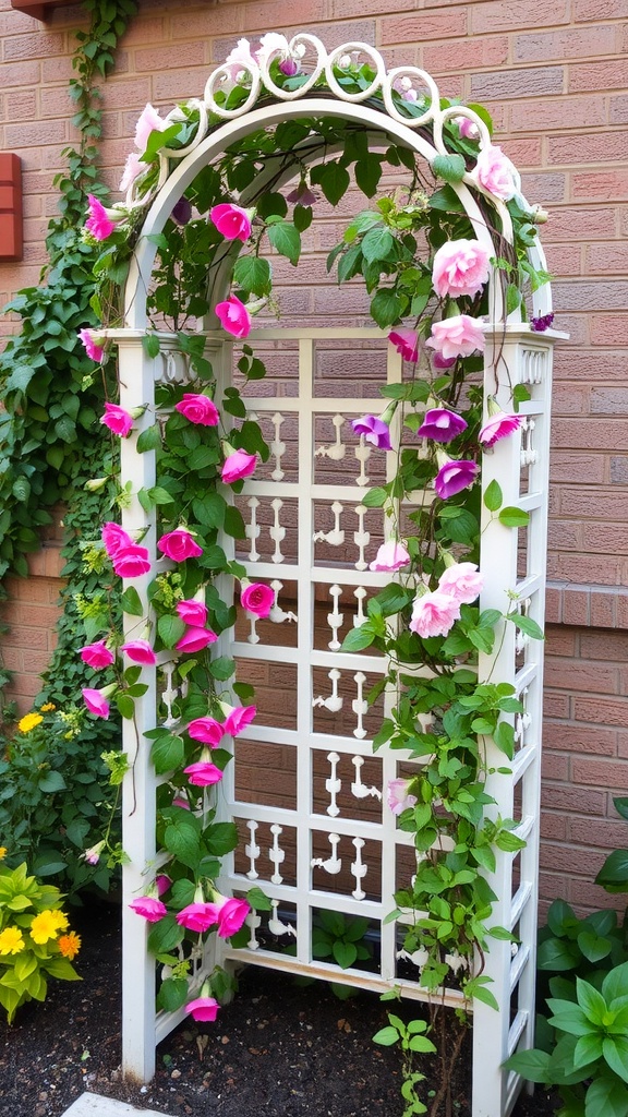 Wooden trellis with climbing plants and pink flowers in a courtyard garden