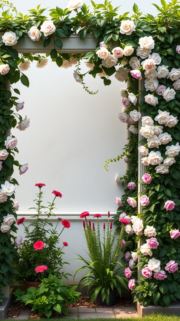 A trellis with climbing roses and colorful flowers creating a charming outdoor archway.