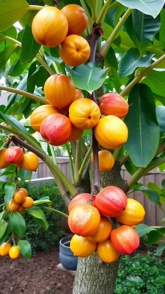 Tropical fruit tree with ripe oranges and reds among green leaves