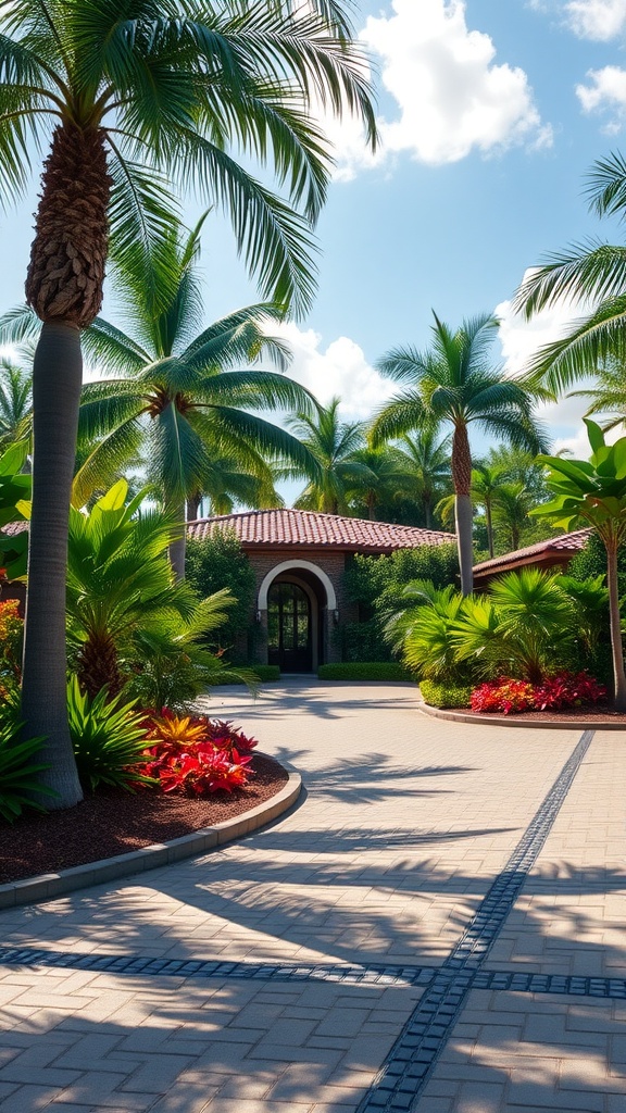 A beautifully landscaped tropical driveway with palm trees and colorful flowers