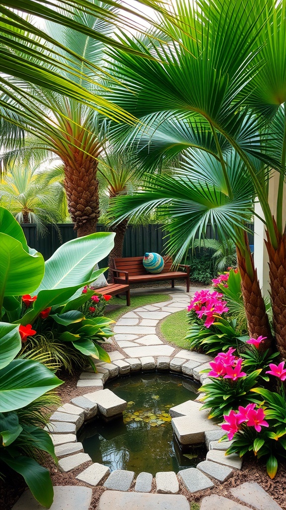 A vibrant tropical garden with palm trees, colorful flowers, and a winding water feature.