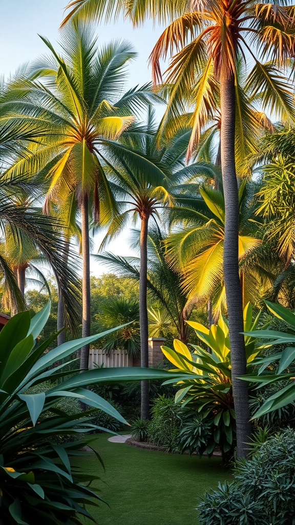 Lush side yard with tropical palm trees and greenery