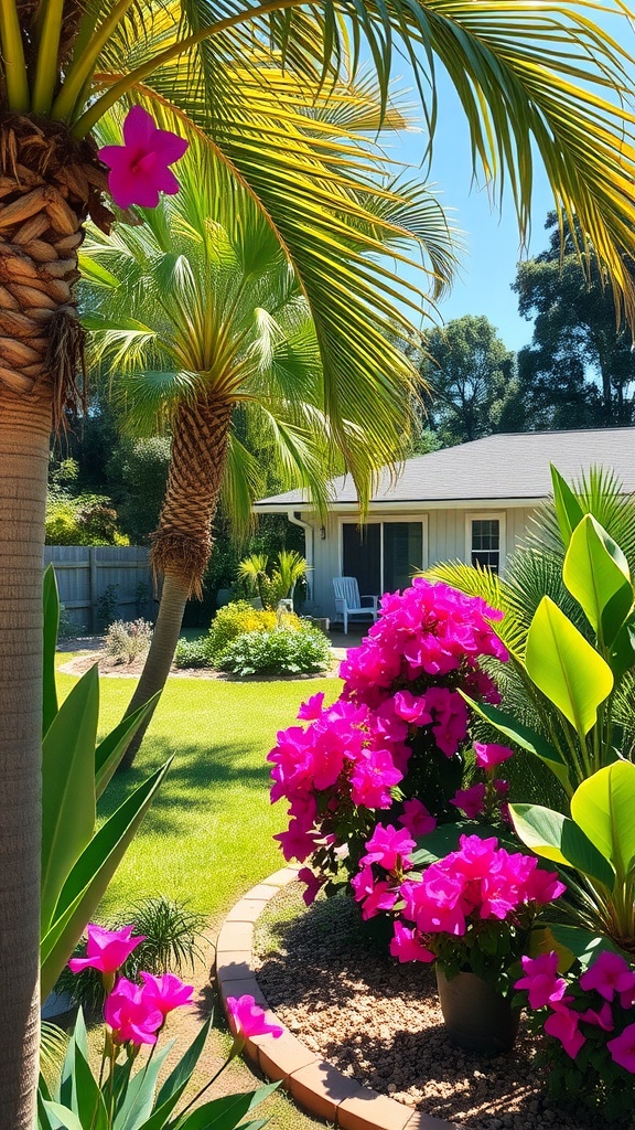 A vibrant garden featuring pink bougainvillea flowers in the foreground with tall palm trees in the background.