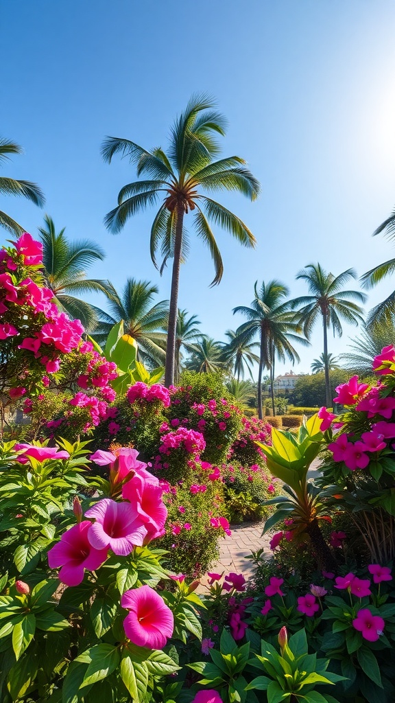 A tropical garden in Florida with vibrant pink flowers and palm trees under a clear blue sky.