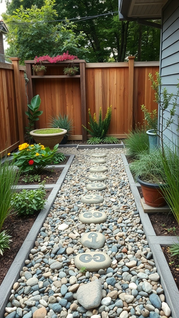 A decorative garden path made of pebbles and designed stones, surrounded by colorful plants and a wooden fence.