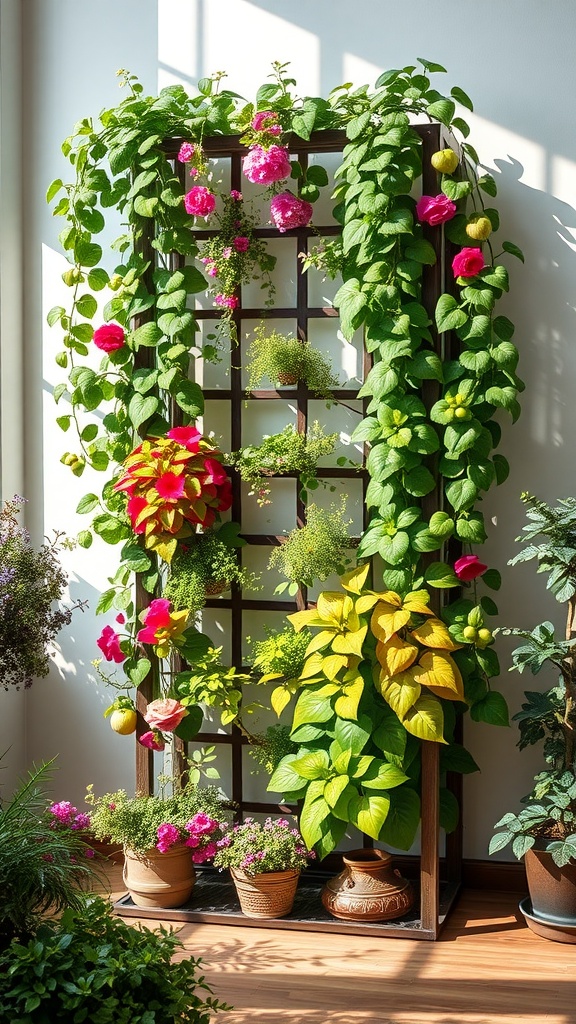 A vertical garden with climbing plants and colorful flowers arranged on a trellis.