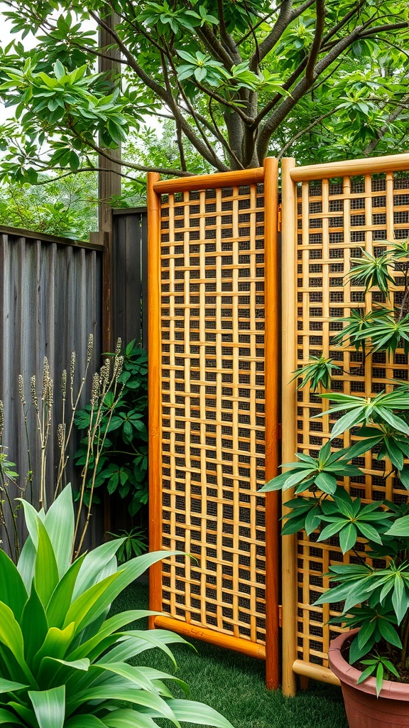 A decorative wooden screen placed in a backyard surrounded by lush plants.