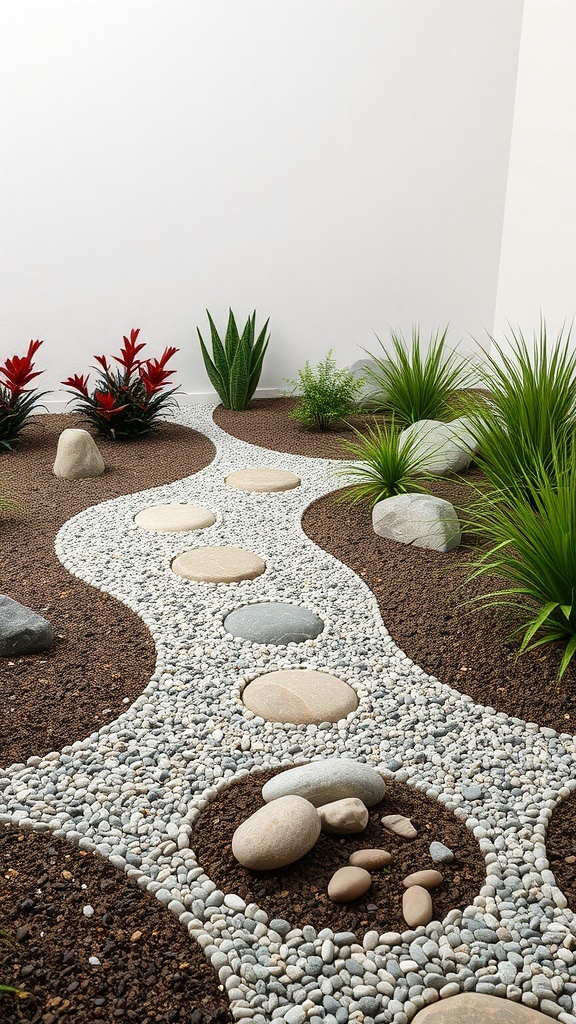 A decorative stone pathway surrounded by various plants and gravel, creating an inviting outdoor space.