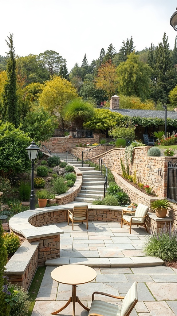 Outdoor landscape featuring stone walls, a paved patio, steps, and seating.