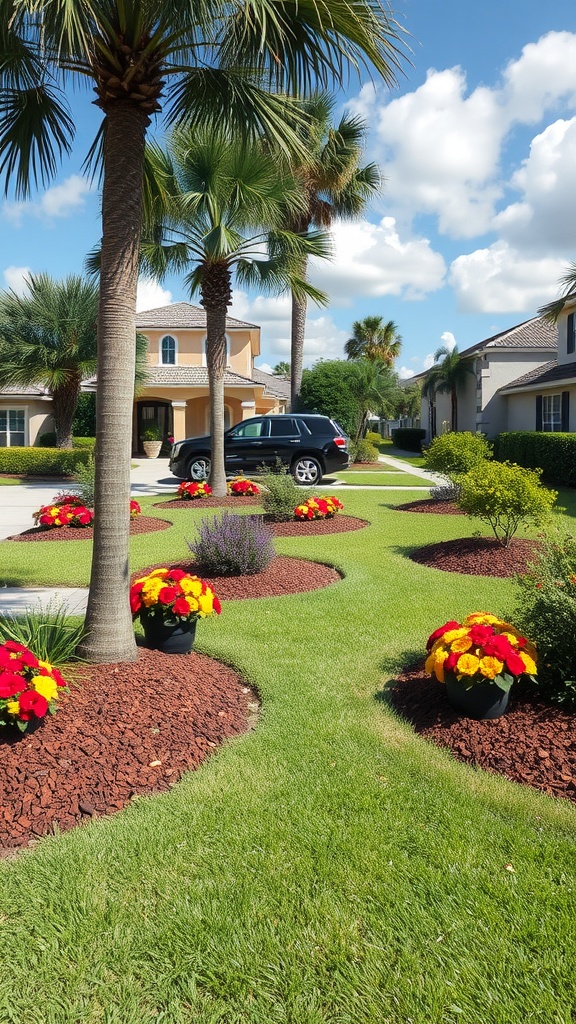 A Florida landscape featuring palm trees, green grass, and flower pots surrounded by mulch.