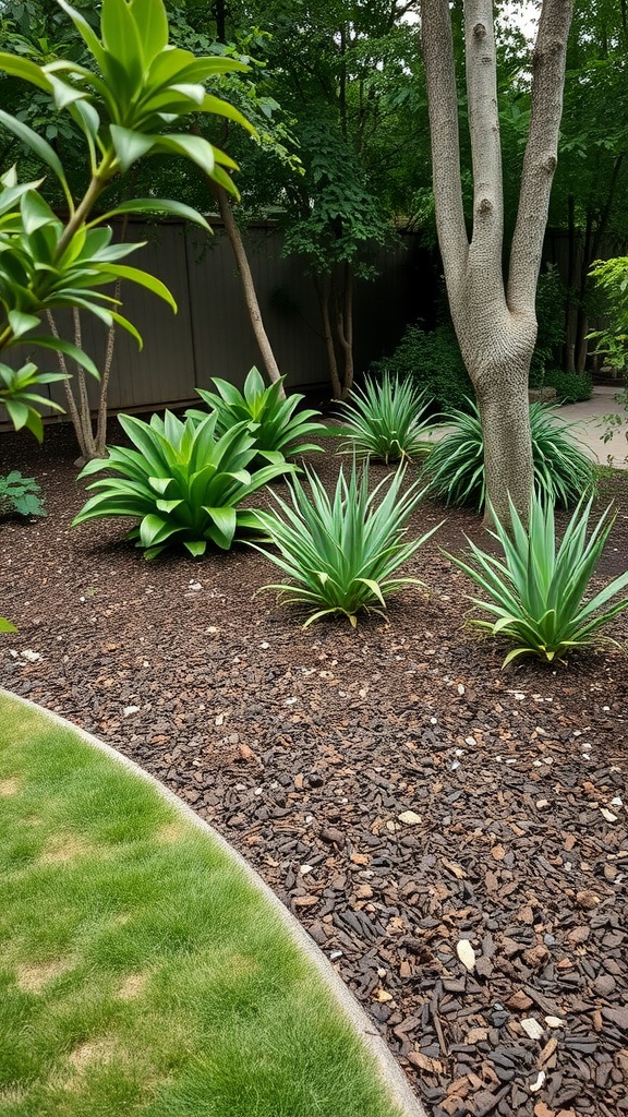 Image of a landscaped backyard with green plants and dark mulch