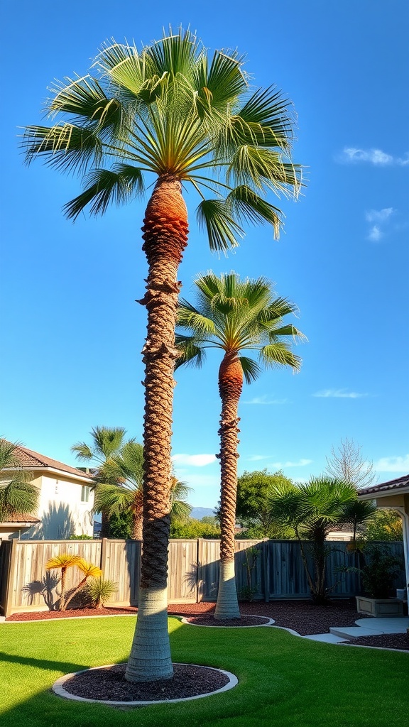 A sunny landscape featuring tall palm trees against a clear blue sky.