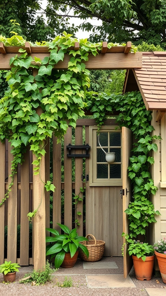 Lush greenery on a trellis beside a wooden shed entrance.