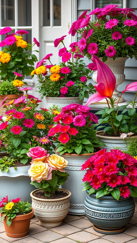 An array of colorful flowers in various pots, showcasing container gardening in a vibrant display.