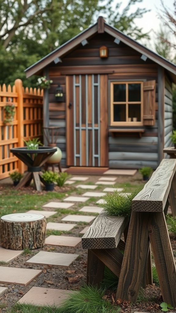 A garden scene featuring a rustic wooden bench, a reclaimed wood shed, and stone pathways surrounded by greenery.