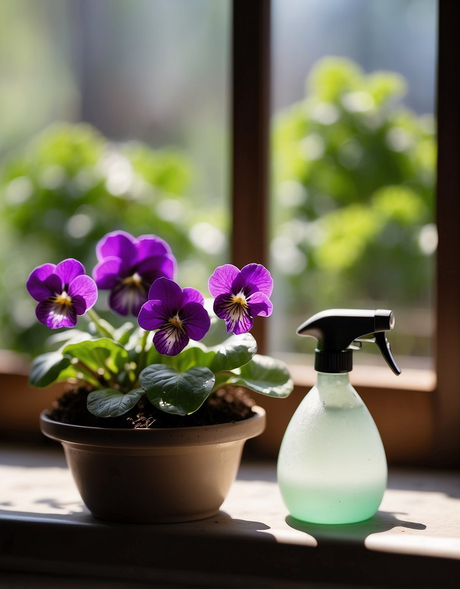 A bright, cozy windowsill with dappled sunlight, a small pot of African violets nestled in rich, well-draining soil, and a spray bottle nearby for gentle, regular watering