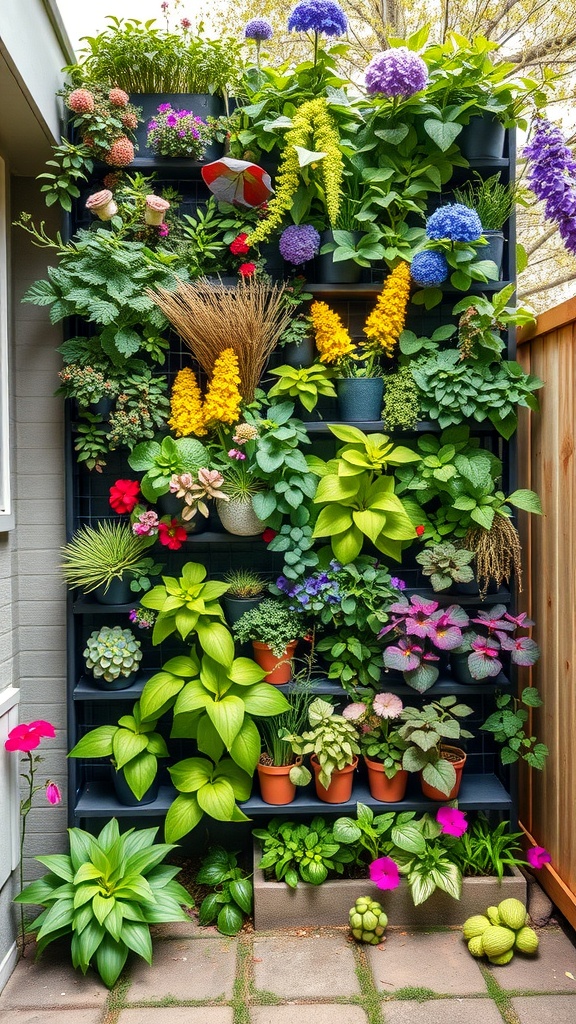 A colorful vertical garden with various plants arranged on black shelving.