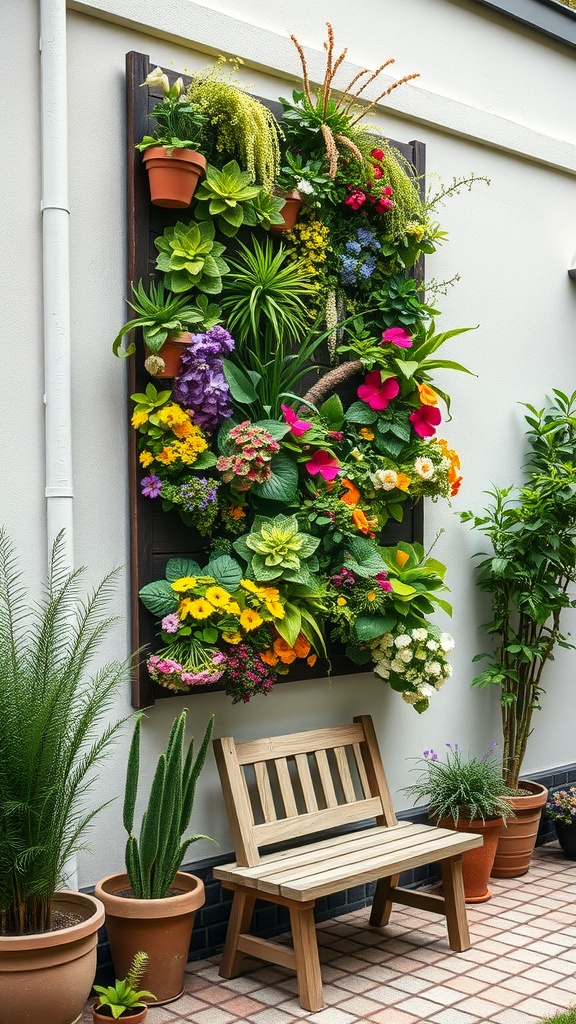 A vertical garden with various plants and flowers mounted on a wall, complemented by a wooden bench in a small side yard.