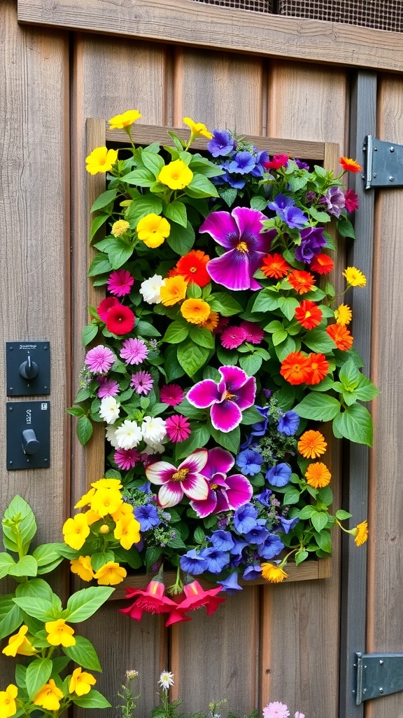 A vertical garden with colorful flowers hanging against a wooden shed, with a blue bucket beside it.