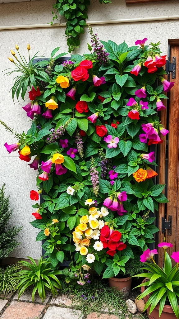 A vertical garden filled with various colorful flowers, enhancing a small side yard.