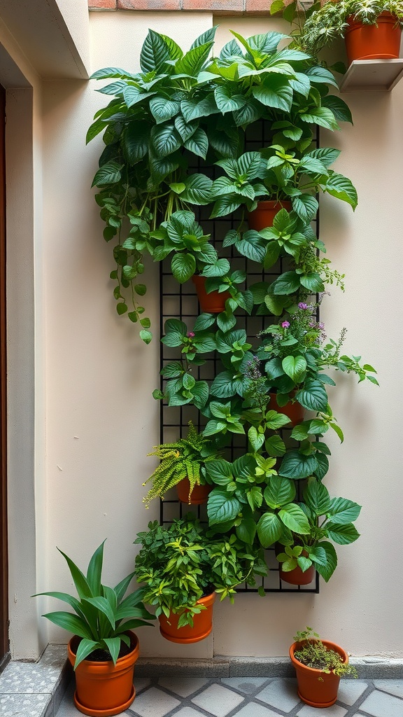 A vertical garden with various plants in pots, displayed on a wall in a small courtyard.