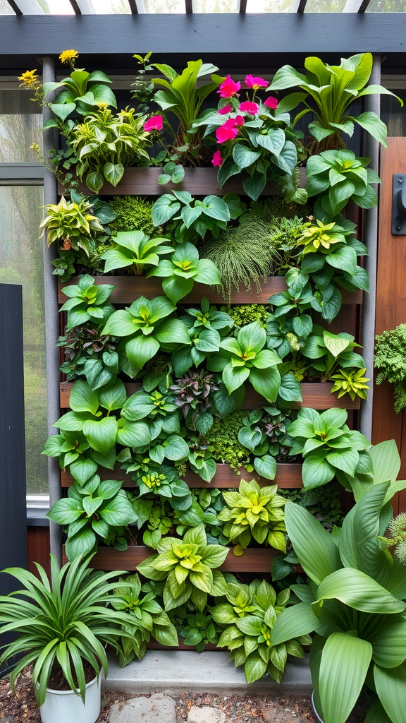 A vibrant vertical garden wall displaying a variety of plants and flowers, enhancing the aesthetic of a side yard.