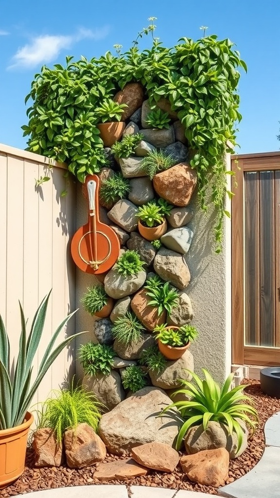 A vertical garden featuring rocks, lush greenery, and a pathway.