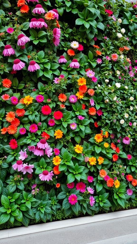 A vibrant vertical garden featuring a variety of colorful flowers and lush green leaves.