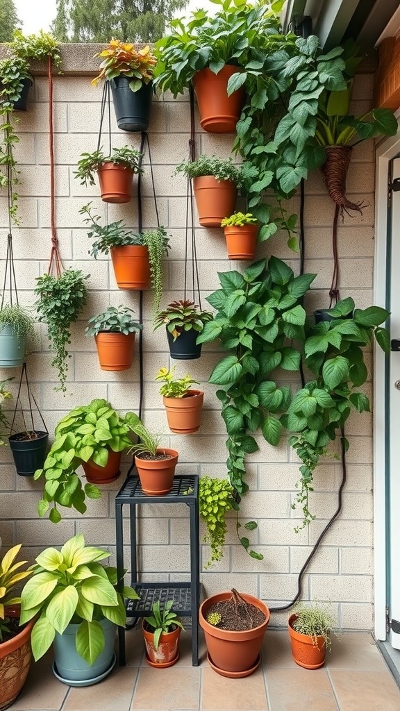 A vertical garden with various potted plants arranged on a wall, showcasing creative landscaping ideas for small spaces.