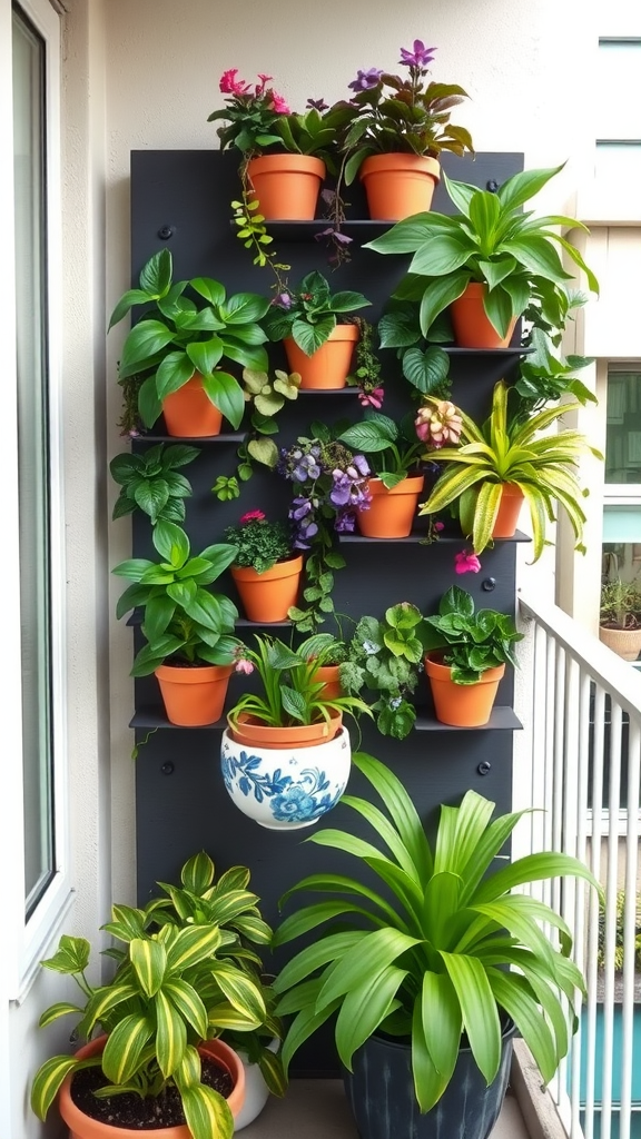 A vibrant vertical garden with stacked and hanging pots filled with various plants in a small space.