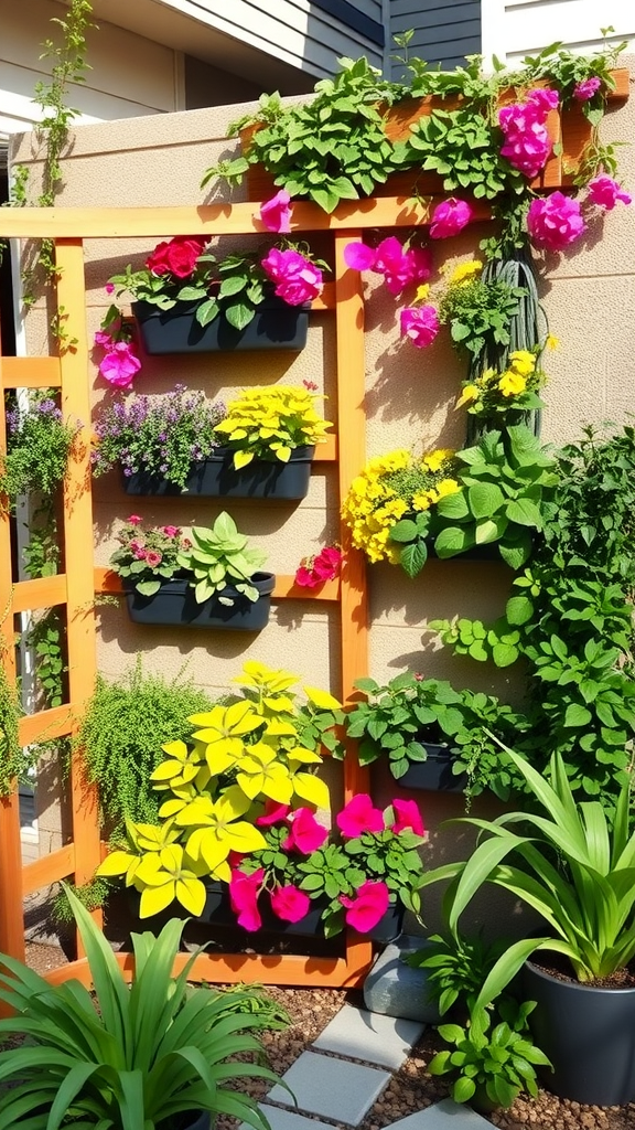 A stylish side yard featuring vertical gardening solutions with colorful plants on a wall and decorative elements.