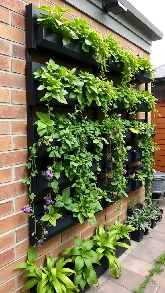 A vertical garden with various green plants in pots, arranged on a wall