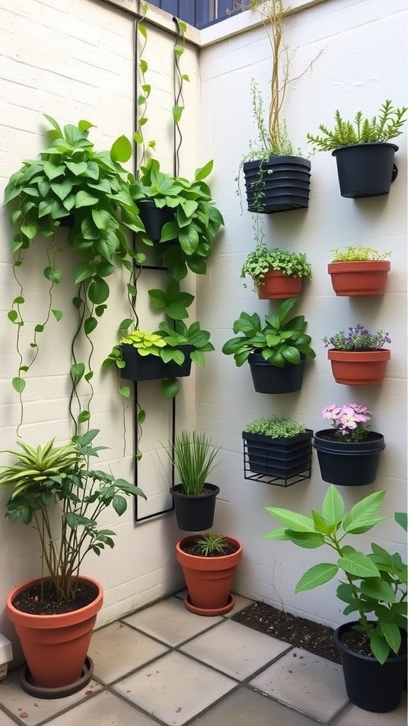 A small courtyard garden featuring vertical gardening solutions with potted plants and vines.