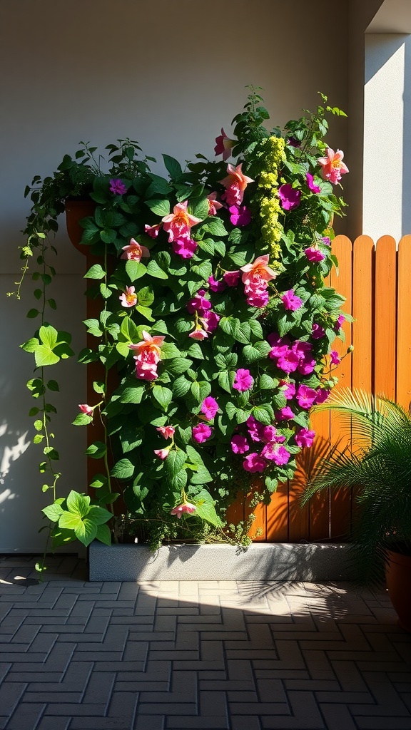 A vibrant vertical garden with colorful flowers and lush green leaves beside a driveway.