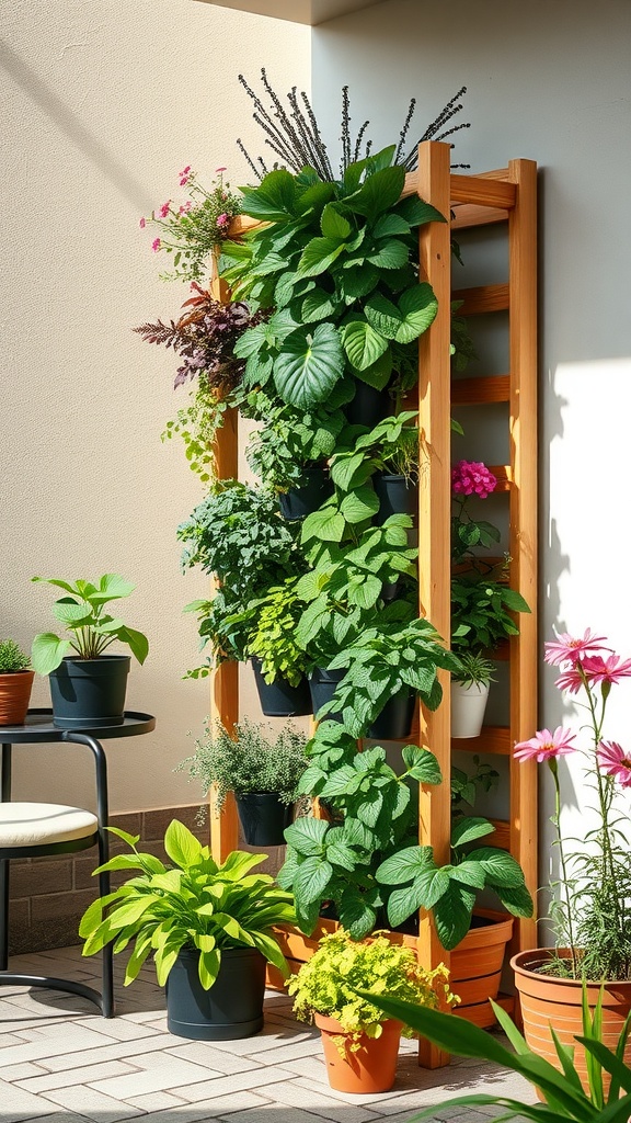 A vertical garden with a wooden structure showcasing various leafy plants in pots, set against a neutral wall.