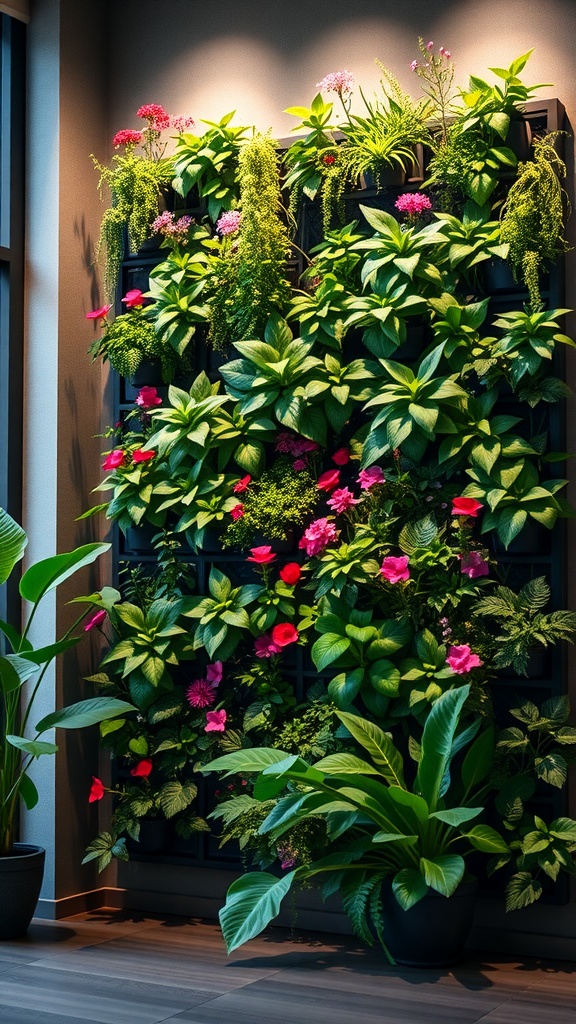 A vibrant vertical garden with various plants and flowers, enhancing a small indoor space.