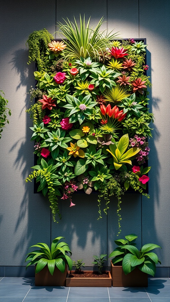 A vibrant vertical garden filled with various plants and flowers, showcasing an efficient use of space.