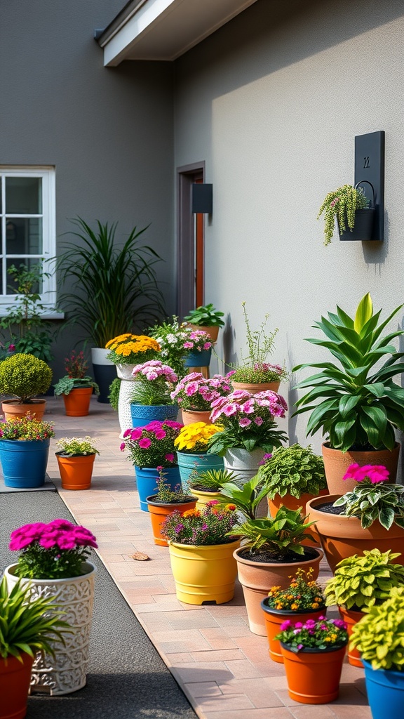 A vibrant collection of container gardens along a driveway with colorful flowers and greenery.