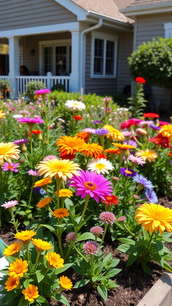 A colorful flower bed filled with various perennials in full bloom