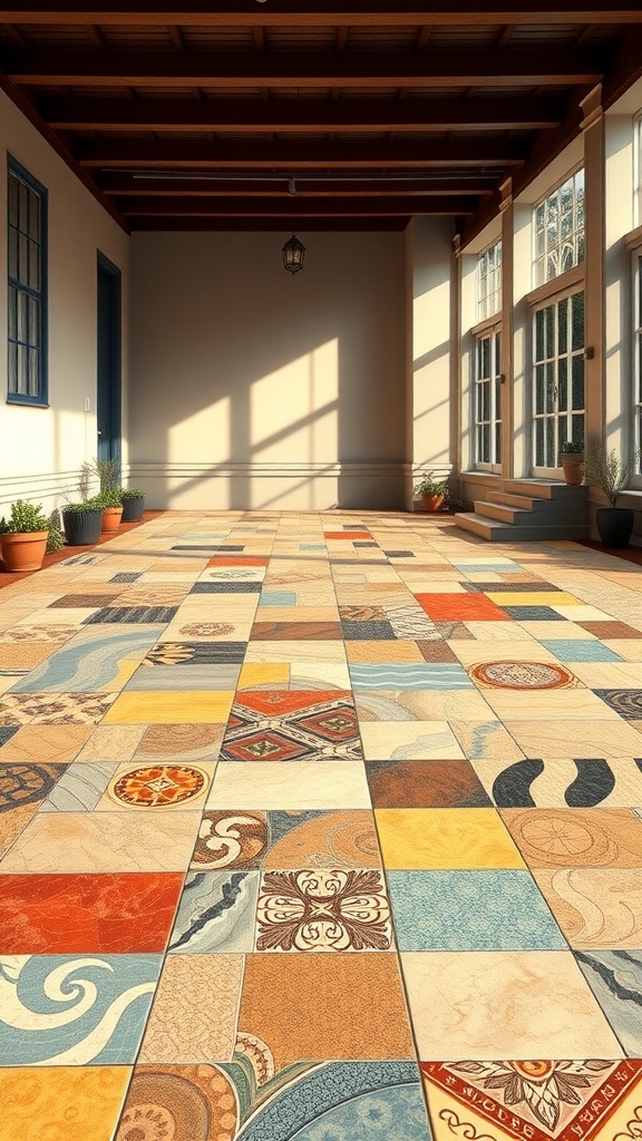 A colorful tiled driveway with various patterns and designs.