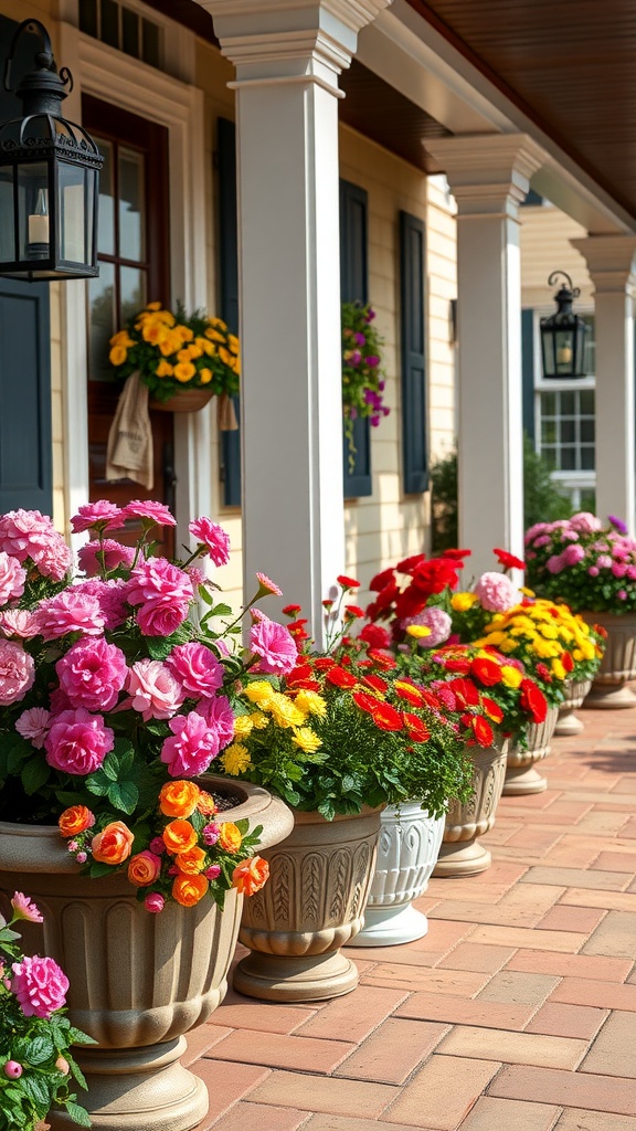 Colorful potted flowers on a front porch